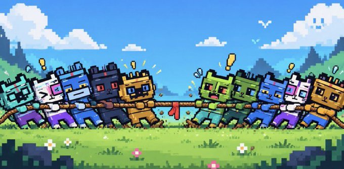 Pixel art depicts two teams of colorful blocky characters playing tug-of-war in a grassy field. A red ribbon is tied to the center of the rope under a blue sky with clouds.