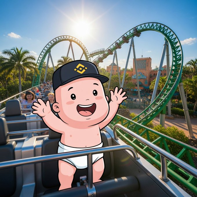 A cartoon baby wearing a black cap with a yellow Binance logo rides a green roller coaster with arms raised in excitement.