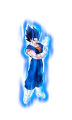 An illustration of the anime character Vegito surrounded by a blue aura, standing with arms crossed.