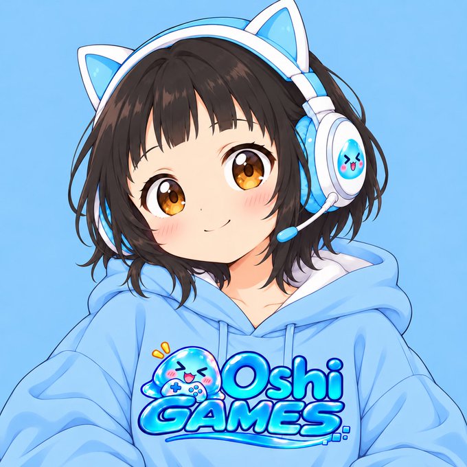 An anime-style illustration of a cute girl with short brown hair, cat-ear headphones, and a blue hoodie featuring the 'Oshi Games' logo with a small character mascot.