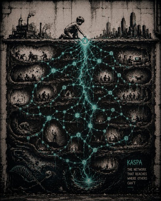 The image features a black and white illustration of a person standing at the bottom of a tunnel, surrounded by tunnels filled with other people. The person appears to be digging into the ground, possibly searching for something or trying to reach an important point within the network depicted in the artwork. The text "Kaspa' s mining power." is written above and below the illustration, suggesting that this image represents the concept of Kaspa's mining power.