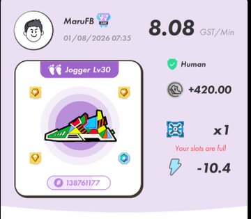 The image shows a user profile card from a fitness app (likely STEPN) for "MaruFB" dated 01/08/2026 at 07:35, displaying a Joggger Lv30 sneaker NFT with stats including 8.08 GST/Min earnings, +420.00 energy, and a -10.4 speed deficit, reflecting the user's morning walk activity and energy efficiency concerns mentioned in their post.