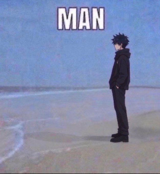An anime character in a black hoodie stands on a beach looking out at the water, with the word 'MAN' displayed above in large white text.