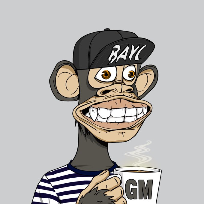 A cartoon ape wearing a 'BAYC' cap and a striped shirt, holding a mug that says 'GM'.