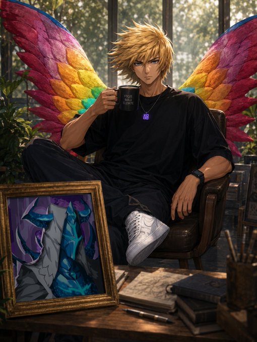 An anime-style illustration features a blonde-haired man with colorful rainbow wings sitting in a leather chair, holding a black mug. A framed artwork sits on a table beside him, near a window showing a forest view.