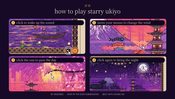 An instructional graphic titled 'how to play starry ukiyo' displays four panels with instructions: 'click to wake up the sound', 'move your mouse to change the wind', 'click the sun to pass the day', and 'click again to bring the night'.