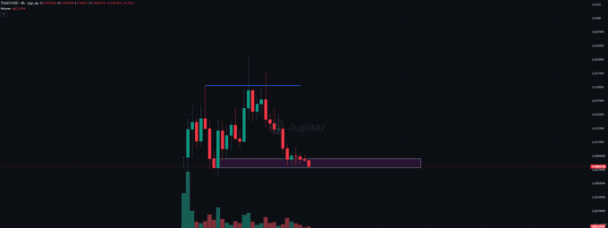A candlestick chart shows the price action of TOAD/USD on Jupiter, with a highlighted support zone (purple box) around the $0.0056 level where the price has recently bounced, visually reinforcing the post's claim of buying the dip near support and holding conviction for a new ATH.