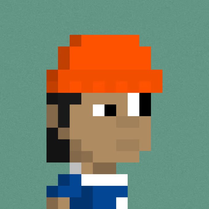A pixel art illustration of a person with brown skin wearing a red beanie and blue hoodie, rendered in a minimalist 8-bit style against a teal background.