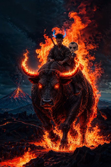A dramatic digital illustration depicts a fiery, glowing-eyed bull charging through a volcanic landscape with rivers of lava, while two figures—one with a top knot and another in a suit with oversized sunglasses—ride on its back.