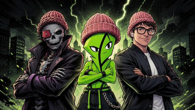 Comic-style illustration featuring three characters wearing pink beanies: a skeletal figure with a red X-eye in a trench coat, a green alien-like character in athletic wear, and a bespectacled man in a leather jacket, all standing with crossed arms against a dark cityscape.