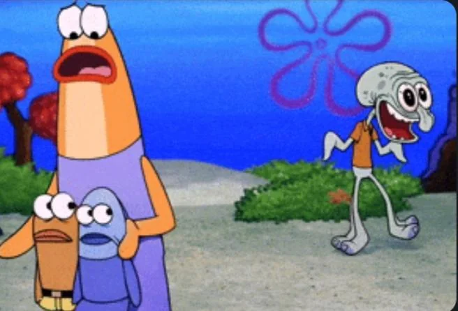 A scene from the animated SpongeBob SquarePants show showing shocked fish characters looking at a panicked Squidward running across the sandy ocean floor.