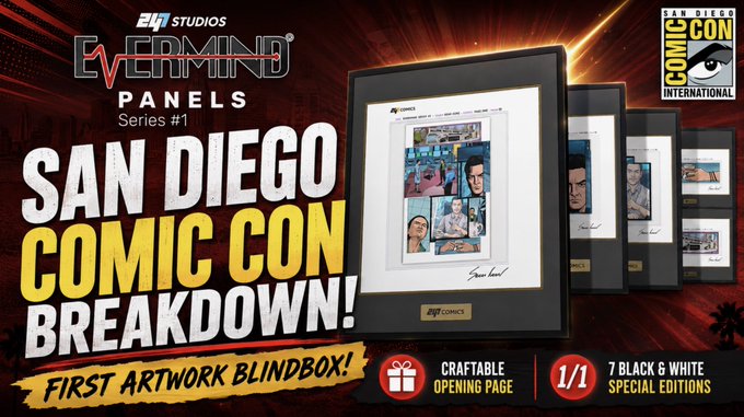 A promotional graphic for "E4 STUDIOS EVERMIND PANELS Series #1 SAN DIEGO COMIC CON BREAKDOWN!" advertising a "FIRST ARTWORK BLINDBOX" with features "CRAFTABLE OPENING PAGE," "1/1," and "7 BLACK & WHITE SPECIAL EDITIONS," alongside the San Diego Comic-Con International logo.