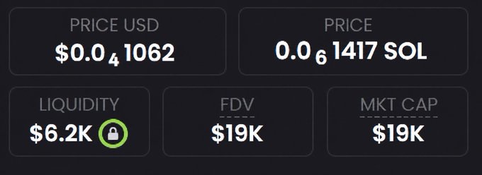 A dark-themed cryptocurrency dashboard displays key metrics for a token: a price of $0.0000041062 USD (0.00000001417 SOL), $6.2K liquidity (locked), $19K FDV, and a $19K market cap—suggesting a very low-cap memecoin being promoted as the next potential 100x+ opportunity after past calls like $TOAD, $CASHCAT, $MARSCOIN, $CATE, and $ANSEM.