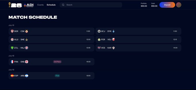 A dark-themed sports match schedule interface showing fixtures for July 10, 11, and 12 with team abbreviations like DER, CSK, UCJ, DYK, and FRA, featuring an 'AD1' logo and a blue 'Deposit' button.