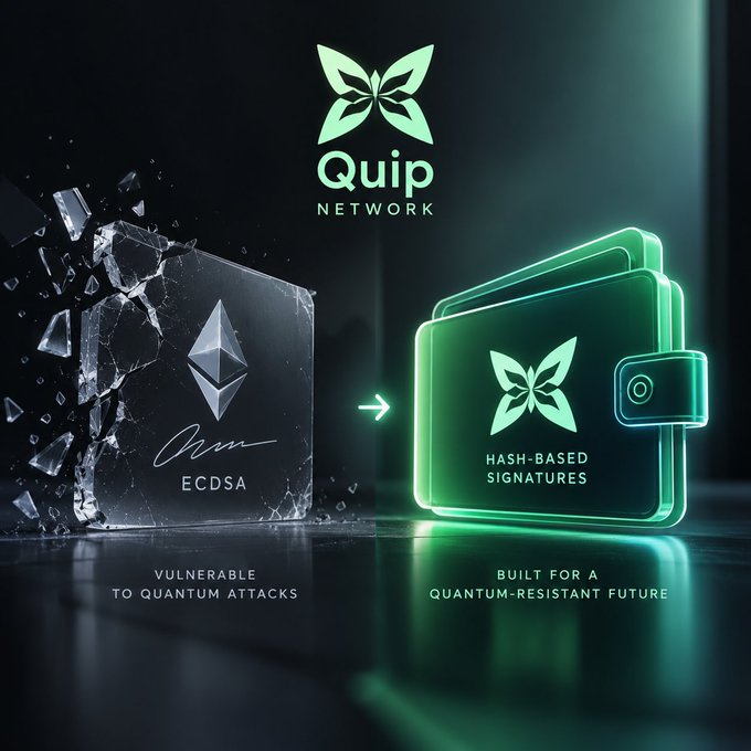 A promotional graphic for the 'Quip NETWORK' showing a transition from a shattering black block labeled 'ECDSA VULNERABLE TO QUANTUM ATTACKS' to a glowing green wallet labeled 'HASH-BASED SIGNATURES BUILT FOR A QUANTUM-RESISTANT FUTURE'.
