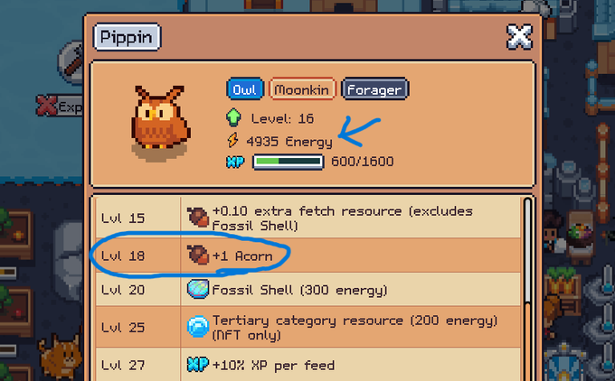 A game interface showing character stats for a 'Moonkin Forager' named 'Pippin' at Level 16, with blue hand-drawn circles and an arrow highlighting the energy amount and a 'Lvl. 18' upgrade.