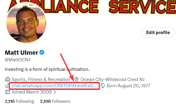 A Twitter profile for Matt Ulmer (@MattOCNJ) with bio 'Investing is a form of spiritual cultivation,' with an arrow pointing to his WhatsApp link.