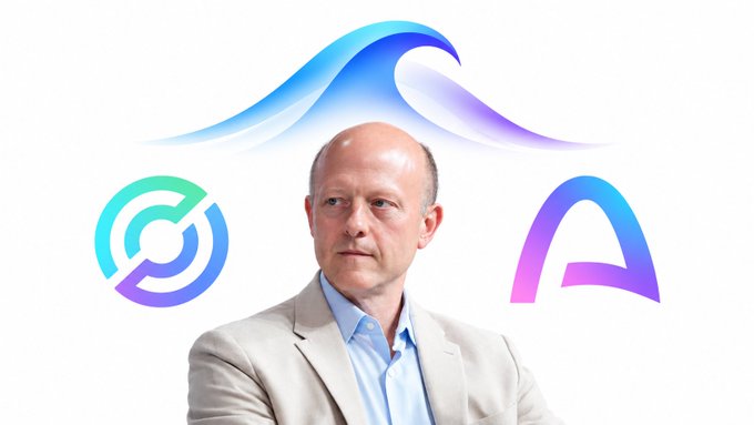 A bald man in a beige blazer and light blue shirt stands in front of digital graphics including a blue wave design and app icons on a white background.