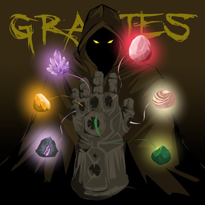Digital artwork titled 'GRANTES' depicting a dark hooded figure with glowing yellow eyes, surrounded by glowing gemstones and an armored gauntlet.