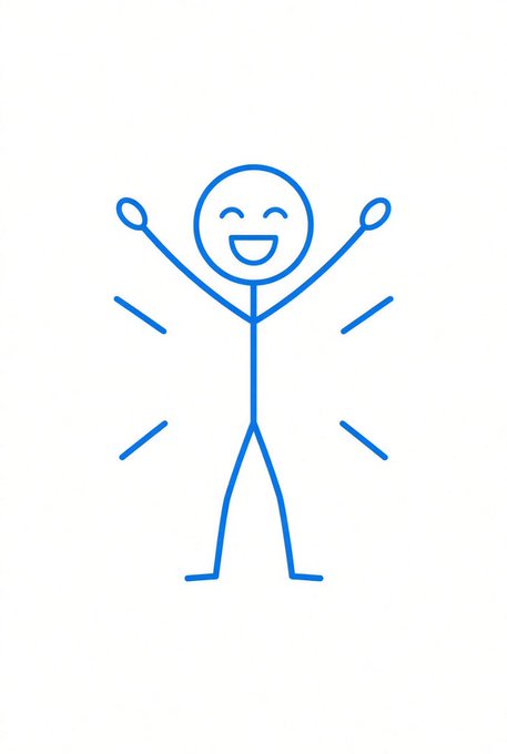A blue stick figure with raised arms and an open-mouthed smile radiates excitement against a white background.