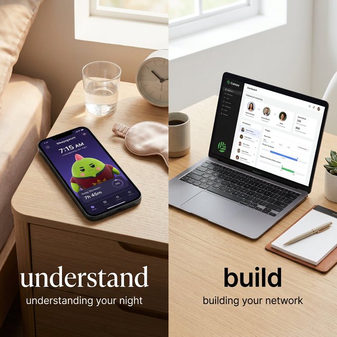 The image shows two different scenarios related to understanding your sleep schedule and building a network. On one side of the image, there's an alarm clock with a cartoon character on top, indicating that it's 7:30 AM time. The other side of the image displays a laptop computer displaying a website about understanding your sleep schedule and checking out how you slept. The text in the image suggests that the person who set up this scene is interested in improving their sleep habits or wants to learn more about their sleep patterns, while also considering the importance of building connections through networking platforms like social media or messaging apps.