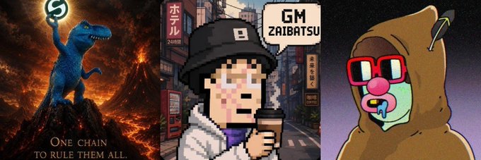 A three-panel composite image: on the left, a dinosaur holding a glowing S symbol stands on a volcano with the text 'ONE CHAIN TO RULE THEM ALL'; the center shows a pixelated character in a bucket hat holding a coffee cup against a city backdrop; the right features a cartoon character in a bear suit with red glasses and a speech bubble reading 'GM ZAIBATSU'.
