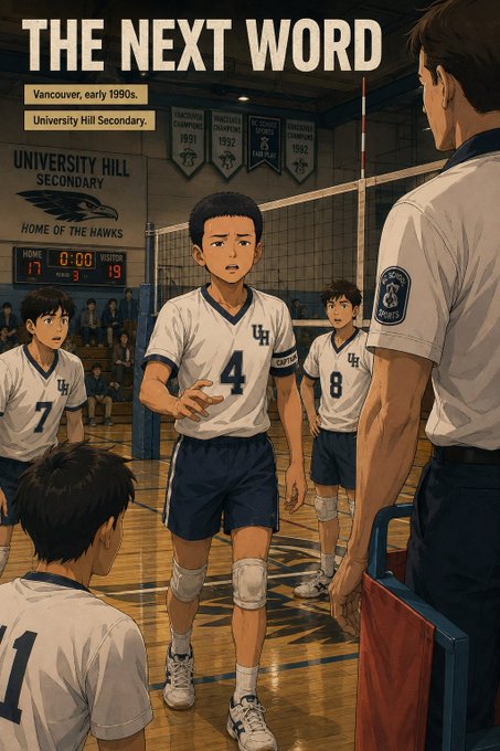 The image is a comic-style illustration titled "THE NEXT WORD," set in the gymnasium of University Hill Secondary in Vancouver during the early 1990s, depicting a tense volleyball match moment. A young player wearing jersey number 4 stands center court facing a referee, while teammates (#7 and #8) and the scoreboard (showing 17-19) are visible in the background, visually introducing the real-life teenage story of CZ being captain of his high school team before founding Binance.