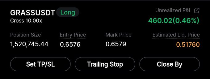 A cryptocurrency trading interface showing a 'GRASSUSDT Long' position with 10.00x cross leverage, a position size of 1,520,745.44, an entry price of 0.6576, a mark price of 0.6579, an estimated liquidation price of 0.51760, and an unrealized P&L of 460.02 (0.46%).