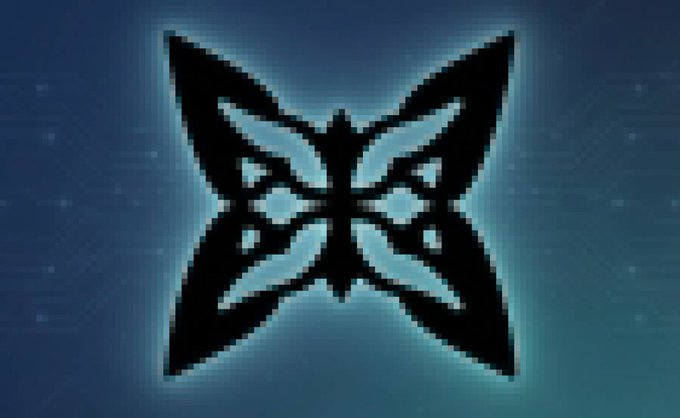 A symmetrical, glowing blue and black emblem resembling a stylized butterfly or mask, set against a dark blue background with faint horizontal scan lines.