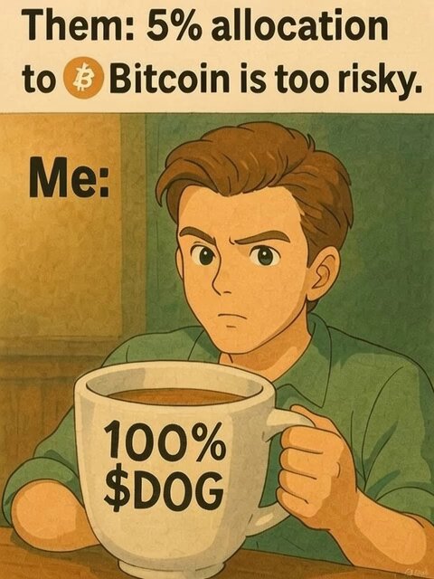 The image shows a man sitting at a table with his head tilted back looking down while holding a cup of coffee, possibly a cup full of beer. The background appears to be a poster or some sort of advertisement that reads "They: 5% allocation to Bitcoin is too risky", and includes a statement about the importance of investing in something to avoid loss. However, this message seems unrelated to the man with his coffee and is not relevant to the content displayed on the image. The focus should be on the coffee cup and its contents rather than discussing unrelated text such as Bitcoin or allocation strategies.
