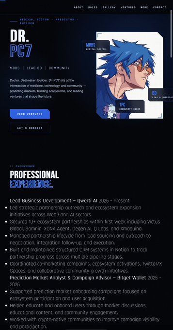 The image displays Dr. PC7's professional portfolio website, featuring their role as a Medical Doctor and MBBS Lead BD with ventures in technology and community building, including highlighted experience at Qwerti AI and Bitget Wallet. The caption suggests Dr. PC7 is pitching themselves to PayBox as a potential content creator, using this portfolio showcasing 5 years of work in Web3 partnerships, prediction markets, and ecosystem development as their "proof of work" to demonstrate relevant expertise for the role.