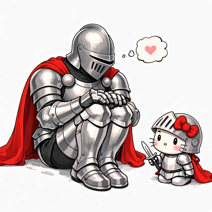A large armored knight sits pensively while a tiny, cat‑styled Hello Kitty in armor offers a sword, with a heart thought bubble above—suggesting that the $KNIGHT token is a cat coin.