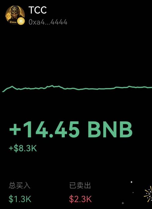 A crypto portfolio screenshot shows a wallet (0xa4...4444) holding TCC token with gains of +14.45 BNB (+$8.3K), against $1.3K total bought and $2.3K sold. The image likely represents the "small one" the poster settled for after missing the bigger opportunity on BSC, reflecting a modest consolation win.