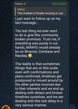 A message from Core Team member Harry about MANYU being listed on Binance, Coinbase, and Nasdaq, apologizing for a delay in announcement timelines.