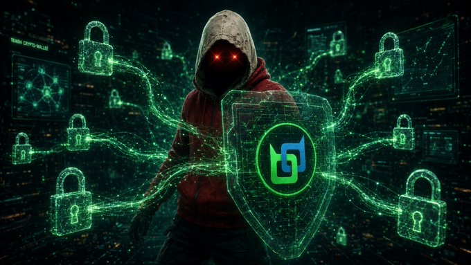 A stylized digital illustration of a hooded figure with glowing red eyes surrounded by green digital lock icons and a central shield emblem with a green and blue logo, set against a dark, data-filled background.