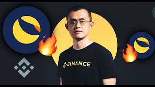 The image features Changpeng Zhao (CZ), CEO of Binance, wearing a black Binance-branded shirt, set against a dark background with Terra Luna Classic (LUNC) logos and fire emojis, visually reinforcing the post's claim that Binance under CZ will drive LUNC's historic comeback in crypto.