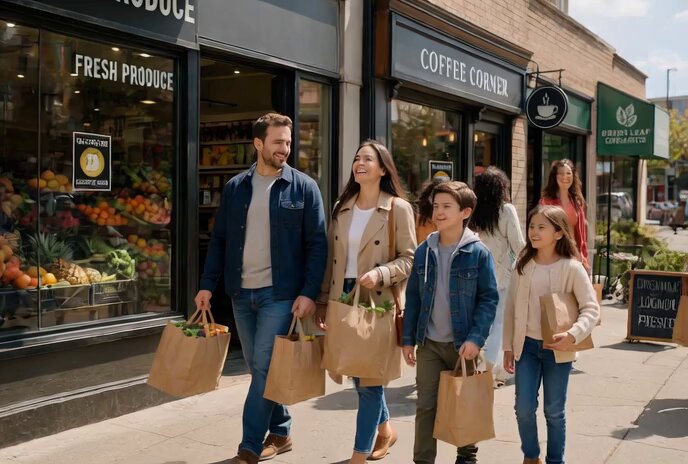 The image shows a group of people walking down a sidewalk, carrying bags of groceries from a grocery store. There are at least five individuals visible in the scene, including two adults and three children. The bags they carry contain various fruits and vegetables, indicating that they have shopped for fresh produce. One person is holding a bag with a sign on it, which could be related to promoting a business or sharing information about an event.