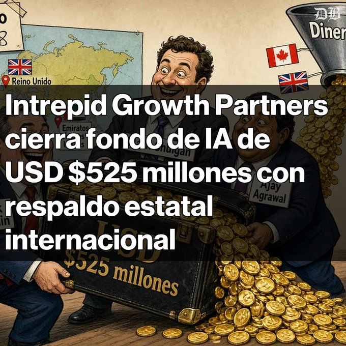 A cartoon-style illustration of smiling men with a treasure chest labeled '$525 millones' and gold coins, captioned in Spanish announcing that Intrepid Growth Partners closes a $525 million USD AI fund with international state backing.