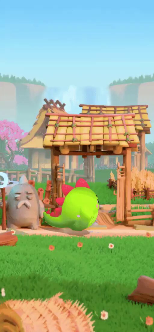 The image features a cartoon scene with a green dinosaur sitting on grass, surrounded by various objects such as a tree, a house, and flowers. The background includes mountains and trees, creating an outdoor setting for the dinosaur. The image also contains text that reads "one thing i didnt know about @sleepagotchi until recently is how big the ecosystem around dino has already become". This suggests that the post might be related to a gaming or social media platform where users can share their experiences with characters like sleepagotchi, and discuss various aspects of the game or character.