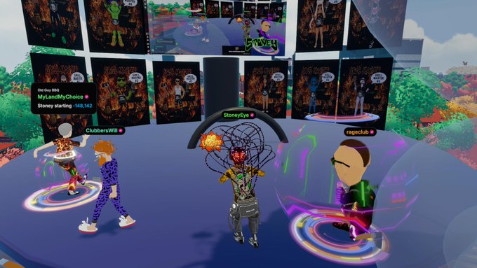 A screenshot from a virtual reality world (StoneyEye/ClubberWild) showing various avatar characters on a stage, with text reading 'MyLandMyChoice' and 'Stoney starting: -148,142'.