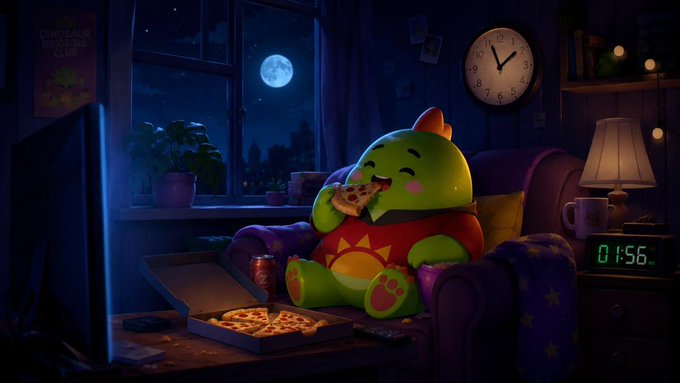 A cozy nighttime illustration of a green dinosaur plush toy eating pizza on a couch, watching TV with a pizza box on the table and a digital clock showing 01:56.