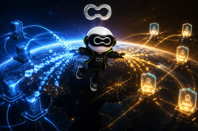 A stylized 3D illustration of an astronaut floating in space with an infinity symbol on the helmet, surrounded by glowing data nodes and servers orbiting Earth.