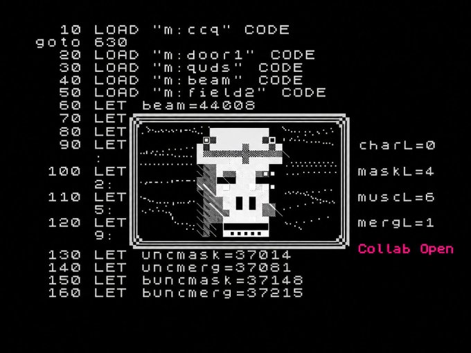 A retro computer screen displaying BASIC code with line numbers loading sprite files ('ccq', 'door1', 'guds', 'beam', 'field2') alongside a pixelated grayscale image and the pink text 'Collab Open'.