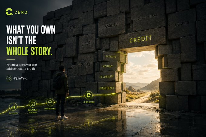 Cero advertisement stating 'WHAT YOU OWN ISN'T THE WHOLE STORY,' illustrating how financial behavior and context add meaning to credit through factors like activity, repayment history, consistency, and reputation.