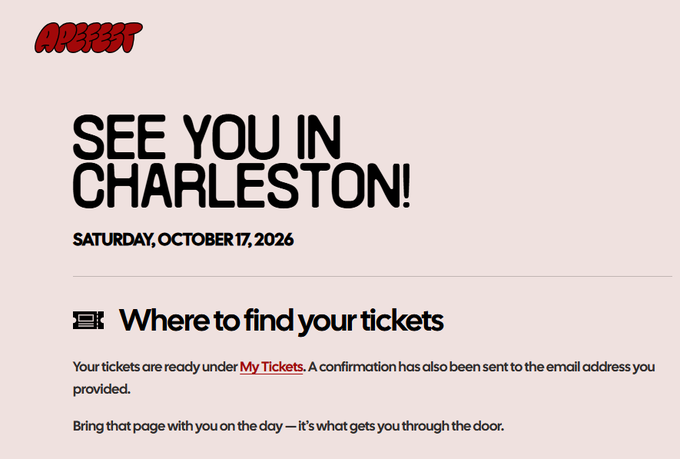 An event confirmation page from "AREAFEST" announcing "SEE YOU IN CHARLESTON!" on Saturday, October 17, 2026, with instructions on where to find tickets through My Tickets.
