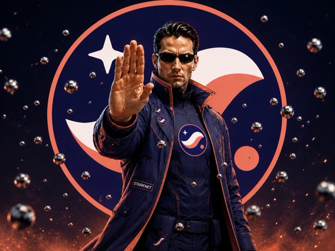 A promotional image showing a man in a dark blue coat with a Starknet logo patch and 'STARKNET' name tag, wearing sunglasses and holding up his hand in a stop gesture against a branded background with floating metallic orbs.