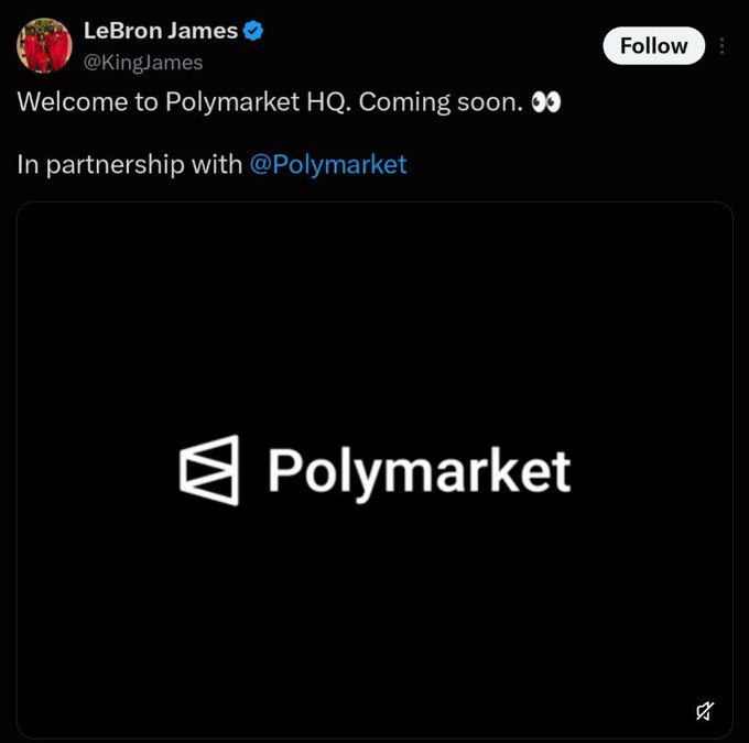 A screenshot of a tweet from LeBron James (@KingJames) announcing "Welcome to Polymarket HQ. Coming soon. " in partnership with @Polymarket, featuring the Polymarket logo on a black background.