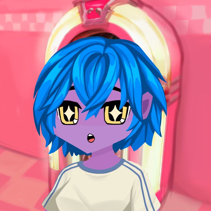 An anime-style character with vibrant blue hair, purple skin, and large yellow eyes stands in a pink room.