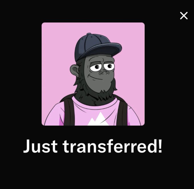 A black screen displays a cartoon gorilla avatar on a pink square, with the text “Just transferred!” below and a white “X” in the top-right corner.