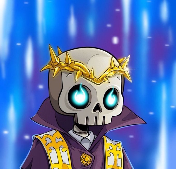 A cartoon skeleton character with glowing blue flame eyes, wearing a golden thorn crown and purple robes, is depicted against a mystical blue background with floating light orbs. The skeletal, otherworldly figure appears to symbolize the chilling, undead-like crypto market sentiment referenced in the post about stepping away from screens and waiting on Web3 projects.